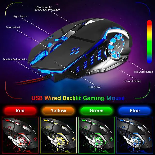 Alt view image 4 of 7 - FELiCON Wired Game Keyboard and Mouse Combo, RGB LED Backlit Mechanical Feel Keyboard with Hand Rest Phone Holder,and 6 Button 3200 DPI Mice and Large RGB Mouse Pad for Computer Gamer Office