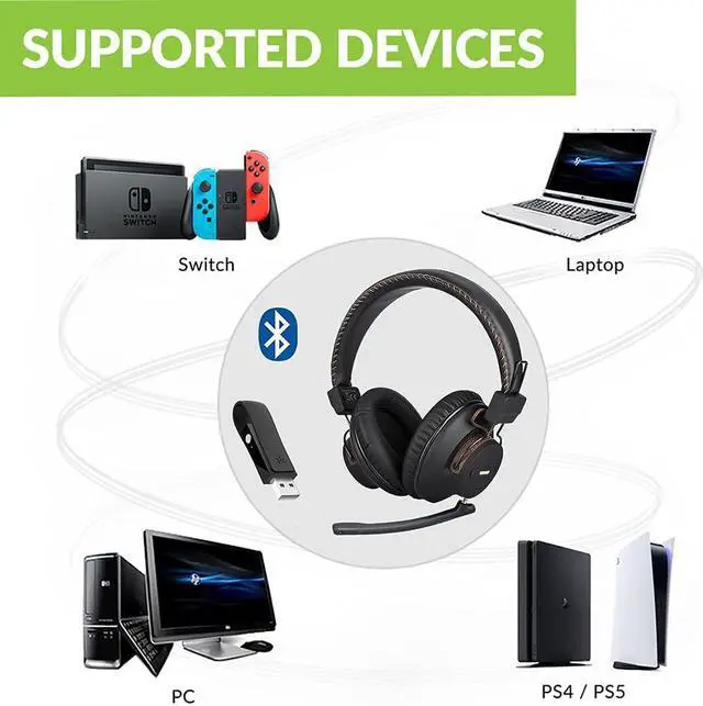 Alt view image 2 of 7 - Avantree DG59M - Bluetooth Headphones with Mic for PS5 & PS4, Wireless Headset with USB Adapter for PC, Laptop, Computer, Gaming & Working from Home, Support in-Game Audio, 40hrs Play Time