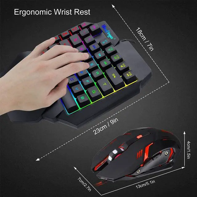 Alt view image 6 of 7 - One Hand RGB Gaming Keyboard and Backlit Mouse Combo,USB Wired Rainbow Letters Glow Single Hand Mechanical Feeling Keyboard with Wrist Rest Support, Gaming Keyboard Set for Game
