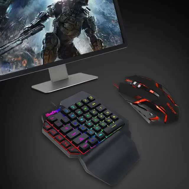 Alt view image 5 of 7 - One Hand RGB Gaming Keyboard and Backlit Mouse Combo,USB Wired Rainbow Letters Glow Single Hand Mechanical Feeling Keyboard with Wrist Rest Support, Gaming Keyboard Set for Game