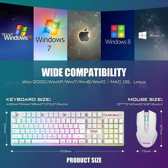 Alt view image 7 of 7 - K10 Wireless Gaming Keyboard and Mouse Combo, LED Backlit Rechargeable 3800mAh Battery, Mechanical Feel Anti-ghosting Keyboard + 7D 3200DPI Mice for PC Gamer (White)