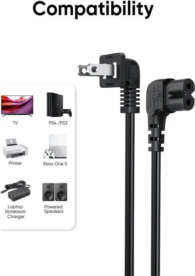 Alt view image 3 of 7 - CableCreation 10 Feet 18 AWG Angled 2-Slot Non-Polarized Angle Power Cord for Samsung TV LG TCL Replacement (IEC320 C7 to Nema 1-15P), 3M