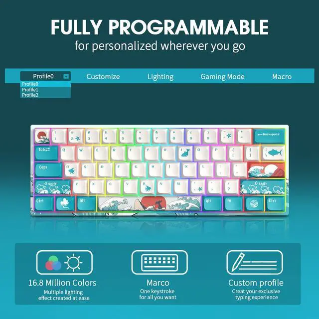 Alt view image 6 of 7 - HITIME XVX M61 60% Mechanical Keyboard Wireless, Ultra-Compact 2.4G Rechargeable Gaming Keyboard, RGB Backlit Ergonomic Keybo