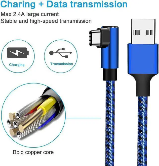 Alt view image 3 of 7 - Extra Long Right Angle USB Type C Cable (2 Pack 10FT) Fast Charger USB A to USB C Cord for Samsung Galaxy S22 Ultra S21 Plus S20 FE S10 Note 20 Ultra Note 10 Plus A13 A12 A32 A52, Google 6 Pro (Blue)