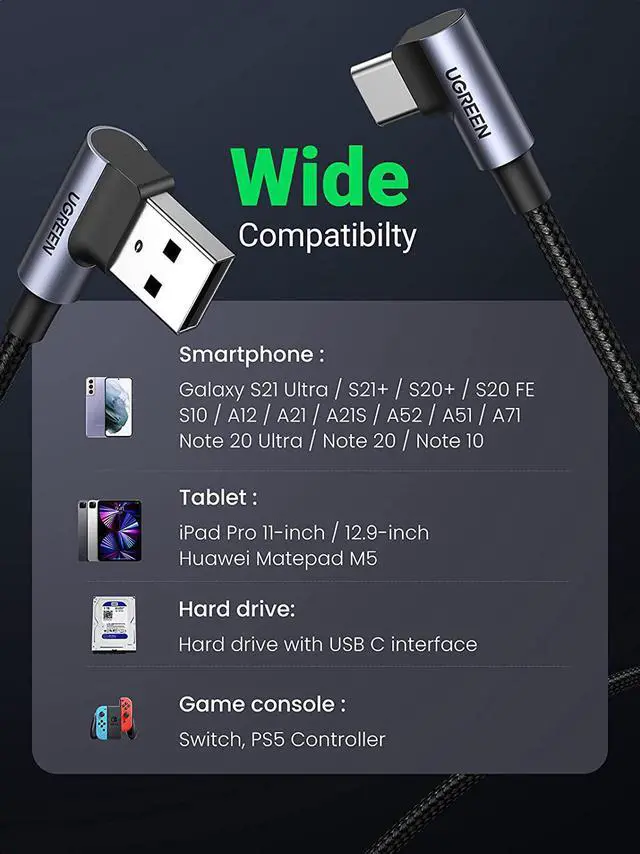 Alt view image 5 of 7 - UGREEN USB C Cable 90 Degree Type C Cable 18W Fast Charging USB A to USB C Cable Right Angle Compatible with iPad Mini 6Galaxy S21 S20 Note20 S21 Z Flip 3 Z Fold Pixel PS5 GoPro Hero 8 Switch 6ft