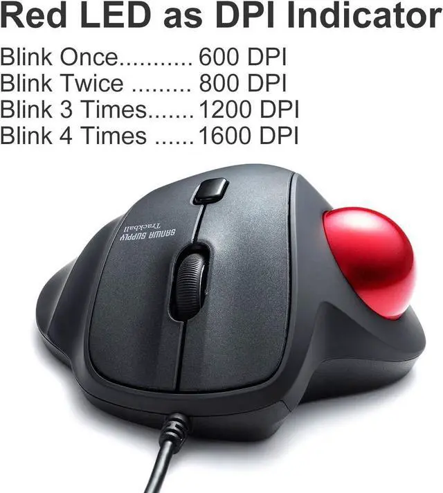 Alt view image 3 of 7 - SANWA Wired Ergonomic Trackball Mouse, Optical Vertical Rollerball Mice, Silent Buttons, 34mm Trackball, 600/800/1200/1600 Adjustable DPI, Compatible with MacBook, Laptop, Computer, Windows, macOS