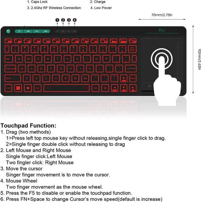 Alt view image 2 of 7 - Rii K18 Plus Wireless 3-LED Color Backlit Multimedia Keyboard with Multi-Touch Big Size Trackpad,Rechargable Keyboard for Android TV Box,PC,Smart TV,Xbox,Raspberry Pi, HTPC IPTV,Windows, MacOS (2.4G)