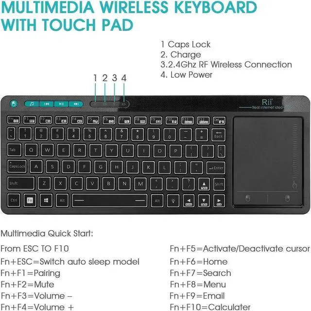 Alt view image 5 of 7 - Rii K18 Plus Wireless 3-LED Color Backlit Multimedia Keyboard with Multi-Touch Big Size Trackpad,Rechargable Keyboard for Android TV Box,PC,Smart TV,Xbox,Raspberry Pi, HTPC IPTV,Windows, MacOS (2.4G)