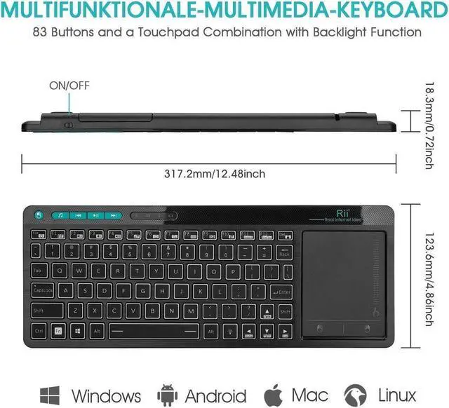 Alt view image 6 of 7 - Rii K18 Plus Wireless 3-LED Color Backlit Multimedia Keyboard with Multi-Touch Big Size Trackpad,Rechargable Keyboard for Android TV Box,PC,Smart TV,Xbox,Raspberry Pi, HTPC IPTV,Windows, MacOS (2.4G)