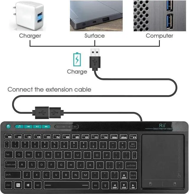 Alt view image 7 of 7 - Rii K18 Plus Wireless 3-LED Color Backlit Multimedia Keyboard with Multi-Touch Big Size Trackpad,Rechargable Keyboard for Android TV Box,PC,Smart TV,Xbox,Raspberry Pi, HTPC IPTV,Windows, MacOS (2.4G)
