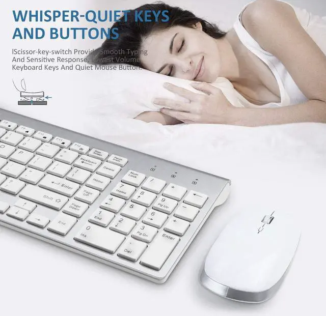 Alt view image 3 of 7 - Keyboard and Mouse Wireless, USB 2.4GHz Combo Silent Quiet Low Profile Compact Full Size Flat Slim Thin Portable with Number Pad Soft Cover for PC Laptop Computer Office - White & Silver