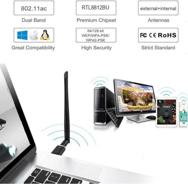 Alt view image 6 of 7 - EDUP USB 3.0 Wi-Fi Adapter AC1300Mbps WiFi Dongle 802.11 ac Wireless Network Adapter with Dual Band 2.4GHz/ 5.8GHz 5dBi Antenna for Desktop Windows XP/Vista / 7/8.1/10 / Mac 10. 6-10.14. 6