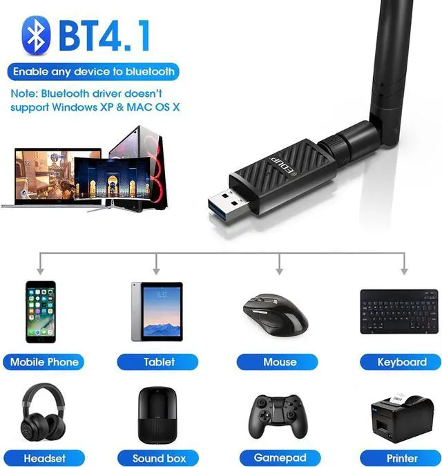 Alt view image 3 of 7 - EDUP USB 3.0 Bluetooth WiFi Adapter AC1200Mbps 6dBi Antenna for PC, USB Wi-Fi Dongle Bluetooth 4.1 Receiver 2.4G/5Ghz Wireless Network Adapters for Windows 10/8/8.1/7, Mac OS X 10.6-10.15