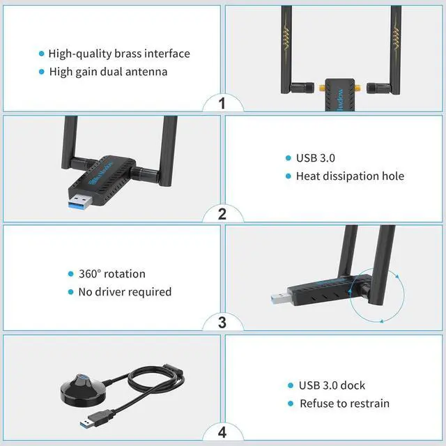 Alt view image 6 of 7 - Blueshadow AC1900 USB WiFi Adapter for Gaming - 2.4G/5G Dual Band Wireless Network Adapter for PC Desktop, MU-MIMO WiFi Dongle, USB 3.0, Supports Windows11/10/8/7/Vista/XP, Mac OS X 10.5-10.15
