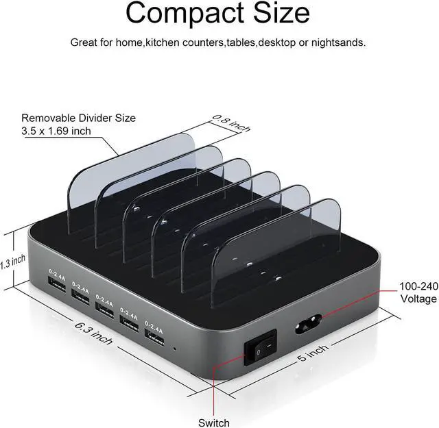 Alt view image 6 of 7 - Charging Station for Multiple Devices, MSTJRY USB Charging Station Dock Switch Cell Phone 5 Port Charger Station, Designed for Apple iPhone iPad Cell Phone Tablet, Gunmetal