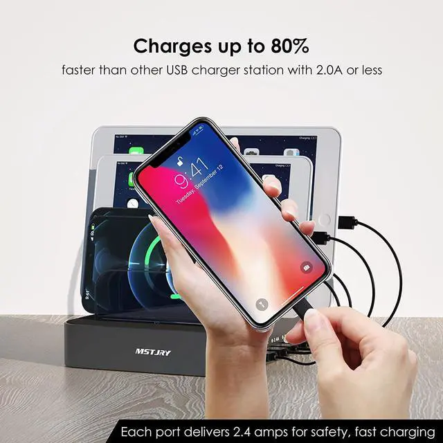 Alt view image 3 of 7 - Charging Station for Multiple Devices, MSTJRY USB Charging Station Dock Switch Cell Phone 5 Port Charger Station, Designed for Apple iPhone iPad Cell Phone Tablet, Gunmetal