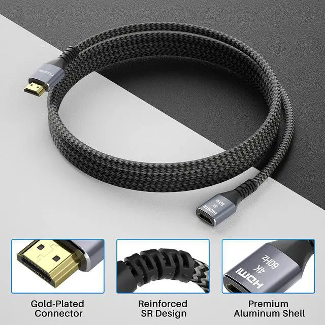 Alt view image 2 of 6 - 4K HDMI Extension Cable 25 Feet HDMI 2.0 Braided Extender Male to Female Cord Pure Copper 3D 4K@60Hz 2160p 1080p HDR HDCP 2.2 ARC (with 25 Ties 25 U Nails 2 HDMI Adapters)- 25FT