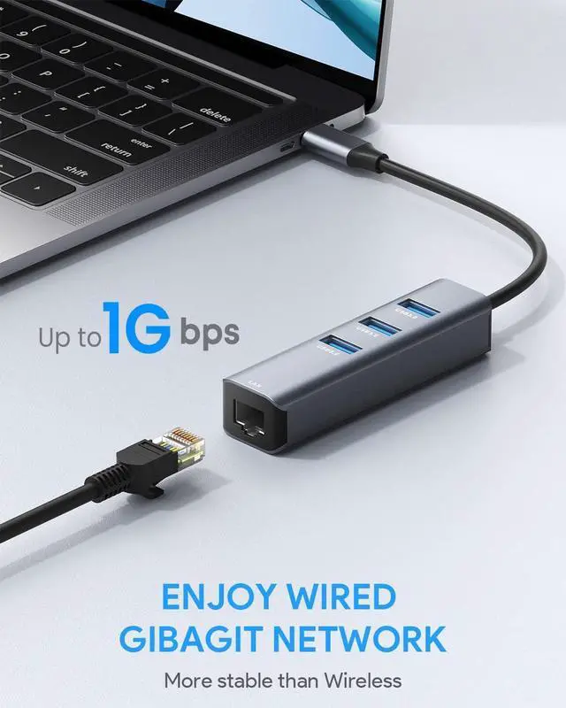 Alt view image 3 of 6 - USB C to Ethernet Adapter, Vilcome RJ45 to USB C Thunderbolt 3/Type-C Gigabit Ethernet LAN Network Adapter, Compatible for MacBook Pro 2021/2020/2019/2018/2017, MacBook Air, Dell XPS and More