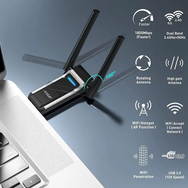 Alt view image 6 of 7 - EDUP USB 3.0 WiFi Adapter AC 1300Mbps Long Range High Gain Dual Band Antennas 5.8Ghz/2.4Ghz Wireless Network Adapters for Desktop PC Laptop Support Windows 11/10/8.1/8/7/XP/Vista / Mac 10. 6-10.15