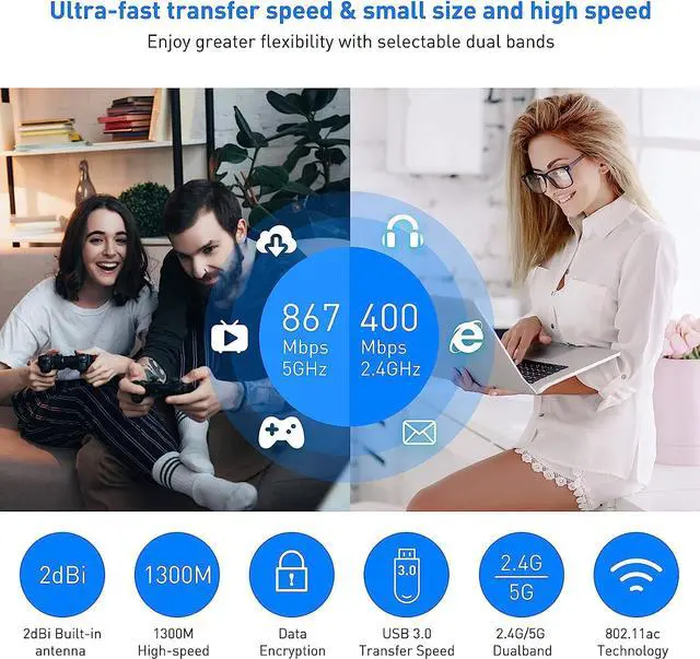 Alt view image 3 of 7 - EDUP AC 1300Mbps USB WiFi Adapter for PC USB 3.0 Wireless Dongle, 5Ghz /2.4Ghz Dual Band 802.11ac Network Adapter for Desktop Laptop,Built-in Antenna Supports Windows 10/8/7/XP/Vista/Mac10.6~10.15