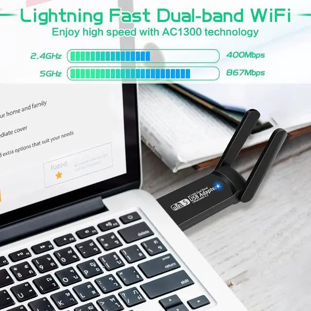 Alt view image 3 of 7 - USB WiFi Bluetooth Adapter, 1300Mbps Dual Band 2.4/5Ghz Wireless Network External Receiver, Mini WiFi Dongle for PC/Laptop/Desktop