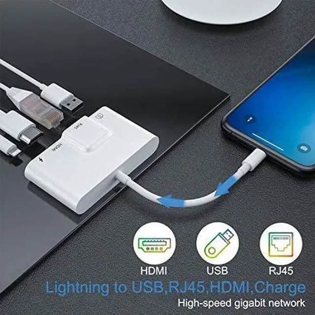 Alt view image 4 of 7 - Sharllen RJ45 Ethernet 4 in 1 Lightning to HDMI Adapter - 1080P HD Network LAN Wired USB Data Sync Charging Card Reader for iPhone/iPad/TV/Monitor/Projector/Keyboard/Mouse