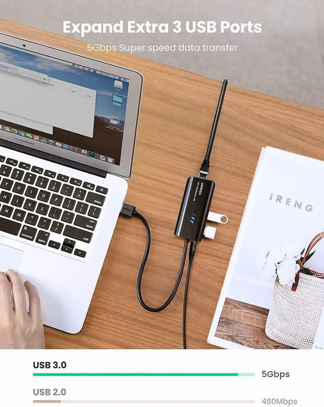 Alt view image 2 of 7 - UGREEN USB 3.0 Hub Ethernet Adapter 10 100 1000 Gigabit Network Converter with USB 3.0 Hub 3 Ports Compatible for Nintendo Switch Windows Surface Pro MacBook Air Retina iMac Pro Chromebook PC