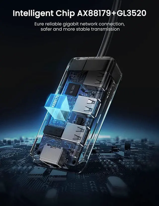 Alt view image 5 of 7 - UGREEN USB 3.0 Hub Ethernet Adapter 10 100 1000 Gigabit Network Converter with USB 3.0 Hub 3 Ports Compatible for Nintendo Switch Windows Surface Pro MacBook Air Retina iMac Pro Chromebook PC