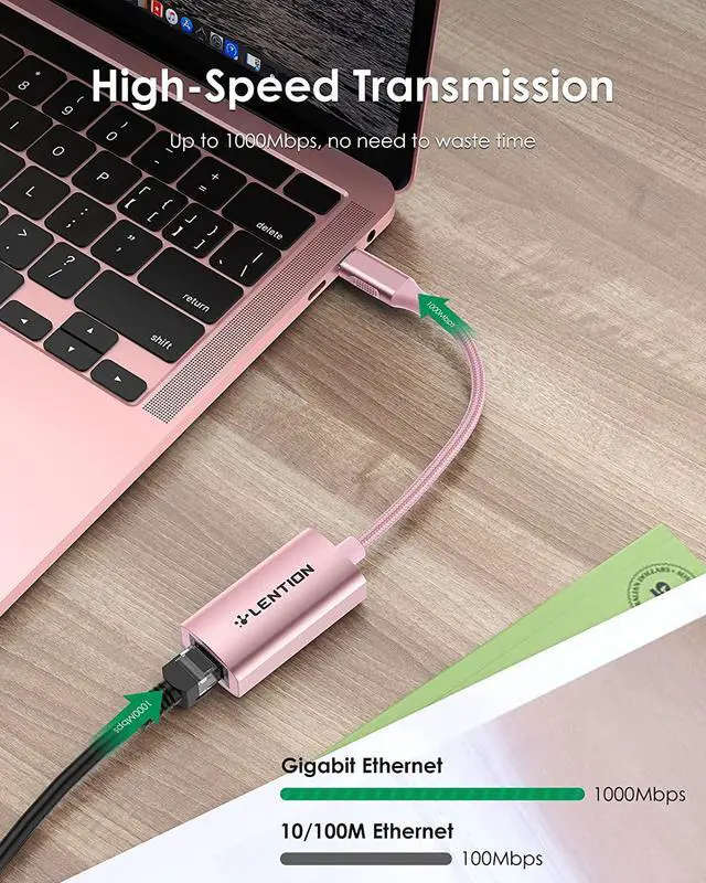 Alt view image 3 of 7 - LENTION USB C to Ethernet Adapter, RJ45 to Type C Gigabit Network Wired LAN Converter Compatible 2023-2016 MacBook Pro 13/15/16, New iPad Pro/Mac Air/Surface, Chromebook, More (CU604, Rose Gold)