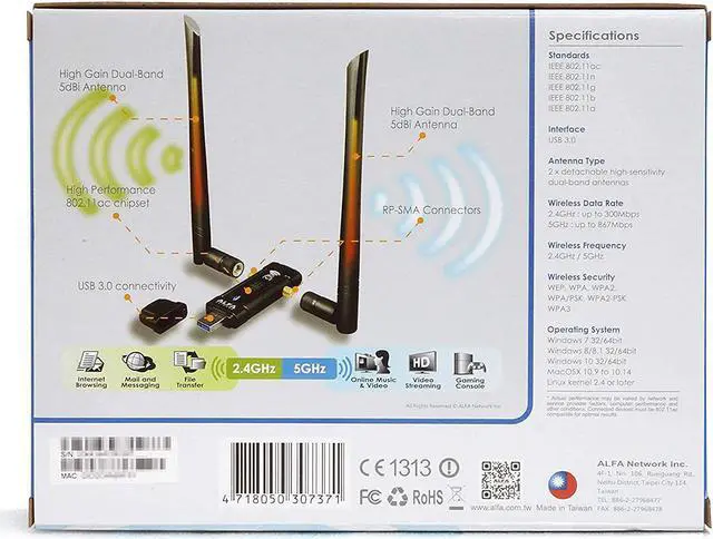 Alt view image 4 of 7 - AWUS036ACM Long-Range Wide-Coverage Dual-Band AC1200 USB Wireless Wi-Fi Adapter w/High-Sensitivity External Antenna - Windows MacOS & Kali Linux Supported