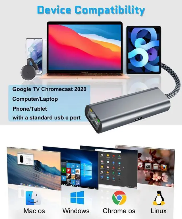 Alt view image 7 of 7 - USB-C Gigabit Ethernet Adapter with Charging Port,Thunderbolt 3 to RJ45 Network Socket with Type-C PD 60W Power Delivery for Chromecast Google TV,MacBook,Mac,iPhone 15,iPad 10 Air 4 5,Dell,Chromebook
