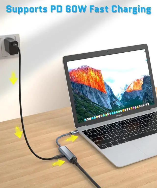 Alt view image 5 of 7 - USB-C Gigabit Ethernet Adapter with Charging Port,Thunderbolt 3 to RJ45 Network Socket with Type-C PD 60W Power Delivery for Chromecast Google TV,MacBook,Mac,iPhone 15,iPad 10 Air 4 5,Dell,Chromebook