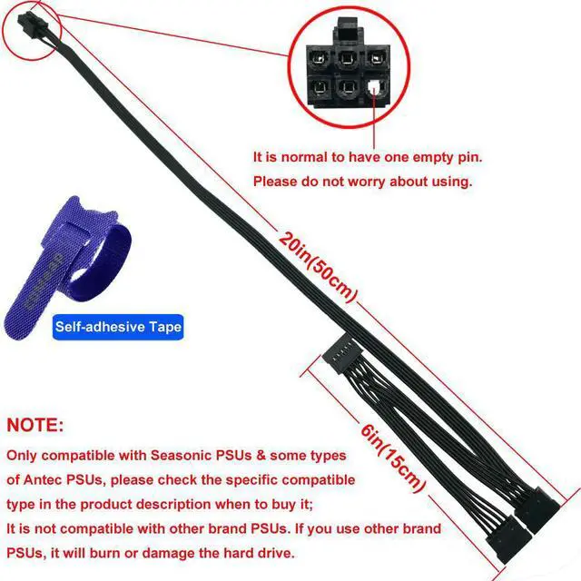 Alt view image 2 of 5 - 6 Pin Male to 3X 15 Pin SATA Female Hard Drive Power Adapter Cable for Seasonic Antec Modular Power Supply 20-in(50cm)