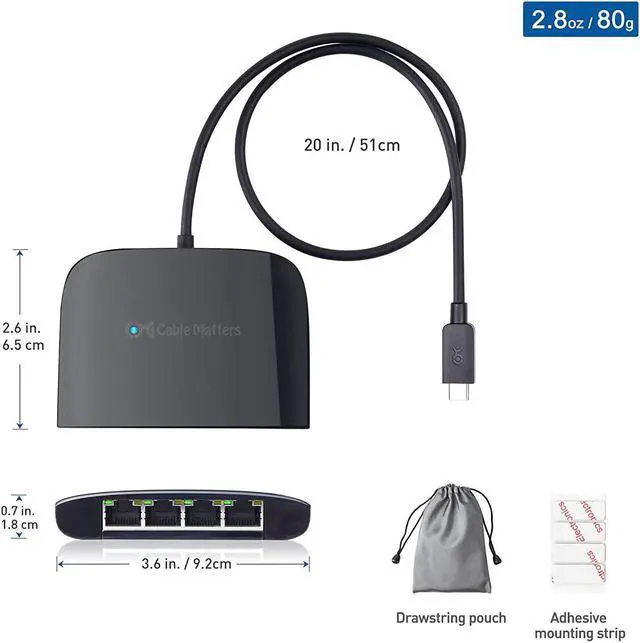 Alt view image 7 of 7 - Cable Matters USB C to 4-Port Gigabit Ethernet Switch for Network Sharing on The Move (Thunderbolt Ethernet Splitter, USB C Network Switch, USB C Gigabit Switch) Compatible with Thunderbolt 4 / USB 4