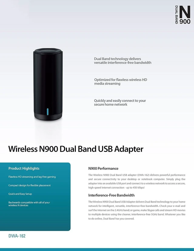 Alt view image 5 of 7 - D-Link Dual Band N900 USB Wi-Fi Network Adapter (DWA-162)
