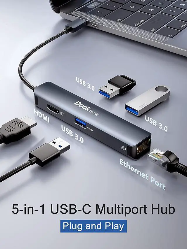 Alt view image 2 of 7 - USB C Hub Ethernet, Dockteck 5-in-1 Multiport Adapter with USB C to 4K HDMI,1Gbps LAN, 3 USB 3.0, for MacBook Air/Pro, iPad Air/Pro, Surface Pro, XPS and More
