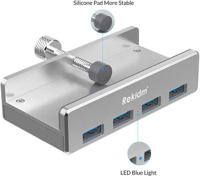 Alt view image 4 of 7 - USB Hub 3.0 - Rekidm 4 Port Aluminum Desk USB Hub 3.0 Clamp Design for Desktop, Computer, PC, Table Edge with Durable Adjustable Clip, Space-Saving Mountable USB Hub Fast Speed Transfer