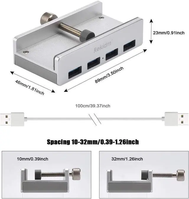 Alt view image 5 of 7 - USB Hub 3.0 - Rekidm 4 Port Aluminum Desk USB Hub 3.0 Clamp Design for Desktop, Computer, PC, Table Edge with Durable Adjustable Clip, Space-Saving Mountable USB Hub Fast Speed Transfer