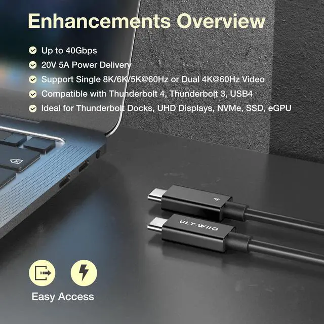Alt view image 2 of 7 - Thunderbolt 4 Cable 2.62FT, 40Gbps Data Transfer & 100W PD Charging, 8K/6K@60Hz or Dual 4K Video Cable, Compatible with Thunderbolt 3/4 devices, MacBook, External SSD, eGPU, Type C Docking Station