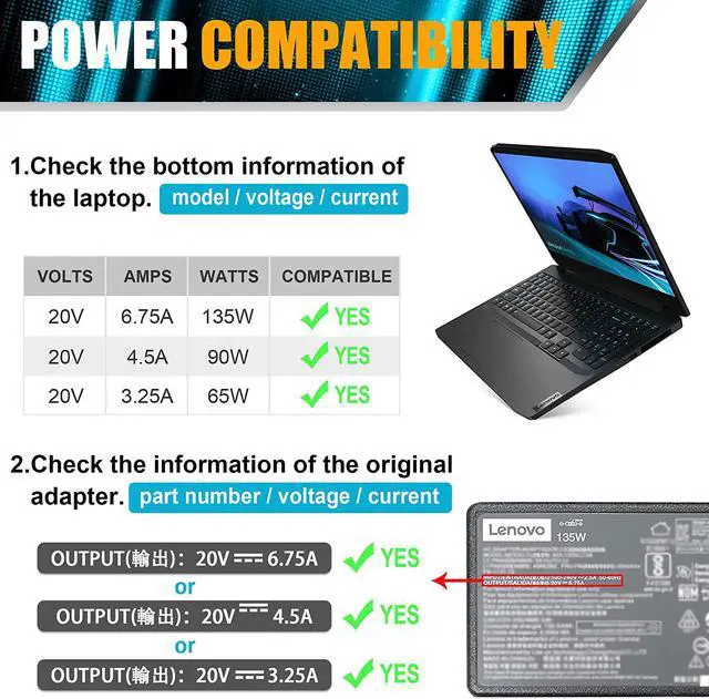 Alt view image 4 of 7 - 20V 6.75A 135W AC Power Adapter Laptop Charger Compatible with Lenovo IdeaPad Y40-70 Y50-70 Y50-70AM-IFI Y70-70 Y700 Z710 Power Cord