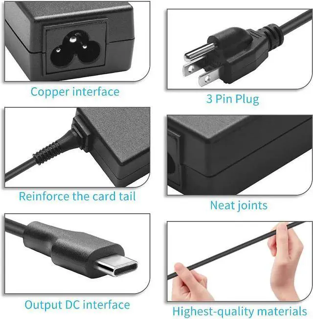 Alt view image 2 of 6 - USB C Laptop Charger 45W, for Lenovo Yoga C940 C740 S730 720 730 720-13IKB 730-13ikb 910 920 Chromebook C330 S330 ThinkPad X1 T470s T480 T580 X390 P52S More HP Dell Acer Type-C Laptop AC Power Cord