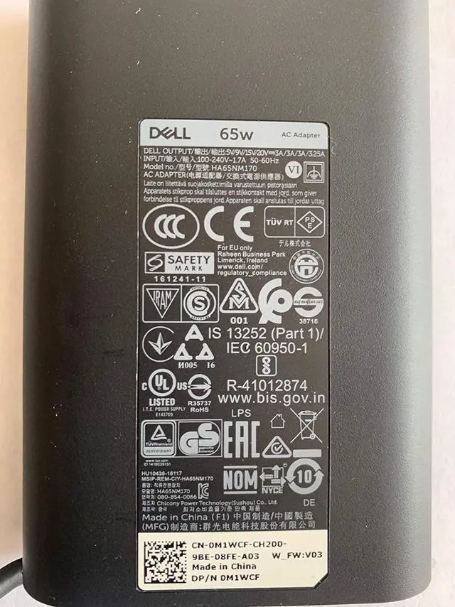 Main image of Laptop Charger 65W Watt USB Type C AC Power Adapter Include Power Cord for Dell Latitude 3400 3500 5290(2in1) 5300 5400 5500 7200(2in1) 7300 7400(2in1), LA65NM170 HA65NM170,02YK0F 0M1WCF