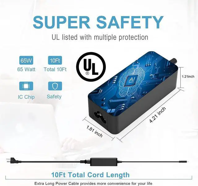 Alt view image 3 of 5 - 65W USB C AC Adapter Charger Fit for Dell Latitude 5520 5320 7210 5310 5410 5510 9410 9510 2-in-1 Type C Watt Laptop Power Supply Cord