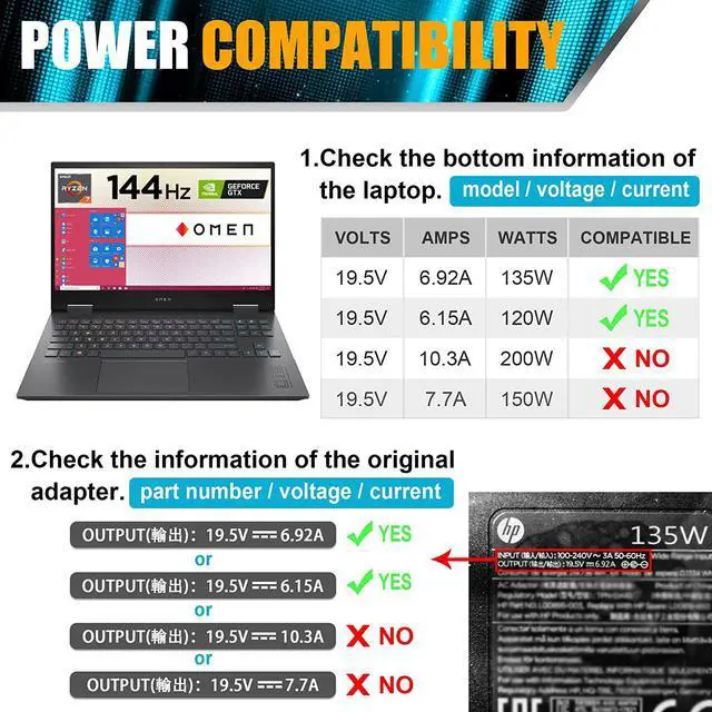 Alt view image 3 of 7 - 135W 19.5V 6.9A AC Adapter Laptop Charger Compatible with HP Spectre x360 15t-df100 CTO,HP Pavilion Gaming 15 17 ec0013dx 15-ec0751ms L15534-001 TPN-DA11 TPN-CA13 OMEN Power Supply Cord