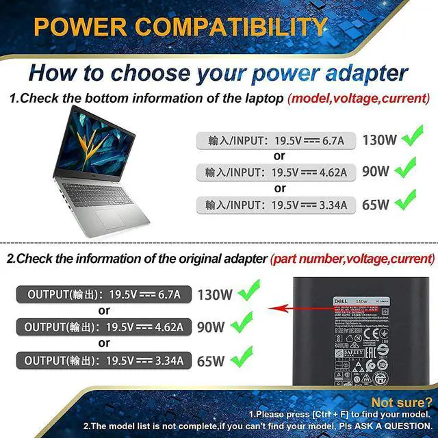 Alt view image 3 of 6 - Replacement for Dell 130w Laptop Charger Compatible with dell XPS 15 9530 9550 9560 9570/Precision M3800 5510 5520 5530 Inspiron 7347 7348 7459 (HA130PM130/DA130PM130) Power Supply Cord