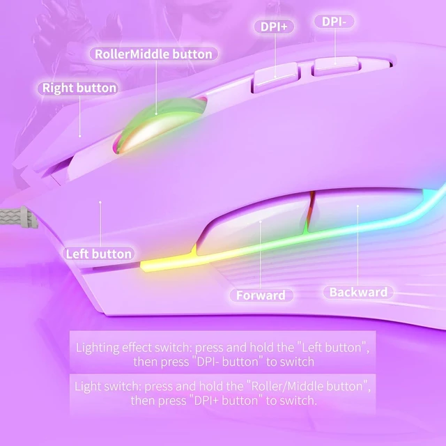Alt view image 4 of 7 - Cute RGB 6400 DPI Wired Gaming Mouse Breathing LED Optical USB 7 Buttons Gamer Computer Pink Mice for Laptop PC Desktop (Purple)