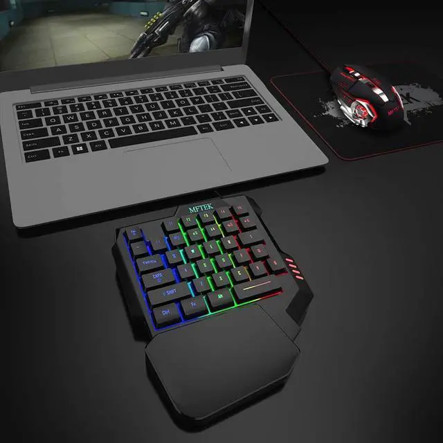 Alt view image 2 of 7 - MFTEK One Hand Gaming Keyboard and Mouse Combo, RGB Rainbow Backlit One-Handed Mechanical Feeling Keyboard with Wrist Rest Support, USB Wired Keyboard Mouse and Mouse Pad Set for PC PS4 Gamer