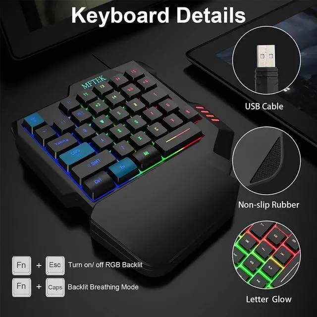 Alt view image 3 of 7 - MFTEK One Hand Gaming Keyboard and Mouse Combo, RGB Rainbow Backlit One-Handed Mechanical Feeling Keyboard with Wrist Rest Support, USB Wired Keyboard Mouse and Mouse Pad Set for PC PS4 Gamer