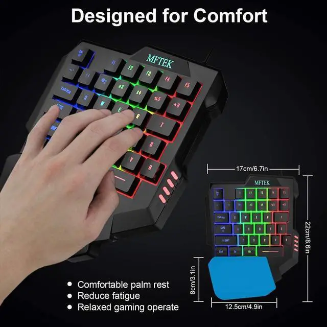 Alt view image 5 of 7 - MFTEK One Hand Gaming Keyboard and Mouse Combo, RGB Rainbow Backlit One-Handed Mechanical Feeling Keyboard with Wrist Rest Support, USB Wired Keyboard Mouse and Mouse Pad Set for PC PS4 Gamer