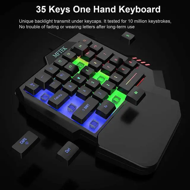 Alt view image 4 of 7 - MFTEK One Hand Gaming Keyboard and Mouse Combo, RGB Rainbow Backlit One-Handed Mechanical Feeling Keyboard with Wrist Rest Support, USB Wired Keyboard Mouse and Mouse Pad Set for PC PS4 Gamer